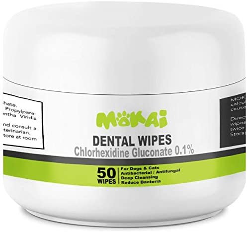 MOKAI Dental Wipes for Dogs and Cats | Pads with Chlorhexidine and Sodium Hexametaphosphate Remove Plaque Tartar Buildup Calculus and Bad Breath, Preventing Tooth Decay and Gingivitis