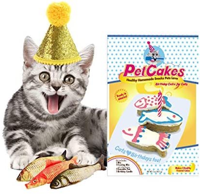 PetCakes Cat Organic Birthday Cake Kit Turkey Flavor Cat Treats 5oz, 3-Piece Catnip Fish Cat Toy Pets Pillow Chew Plush Toys & Happy Birthday Hat Gold Cone Yellow Balls Cat Costume Pet Party Supplies