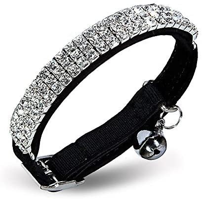 CHUKCHI Soft Velvet Safe Cat Adjustable Collar Bling Diamante with Bells,11 inch for Small Dogs and Cats
